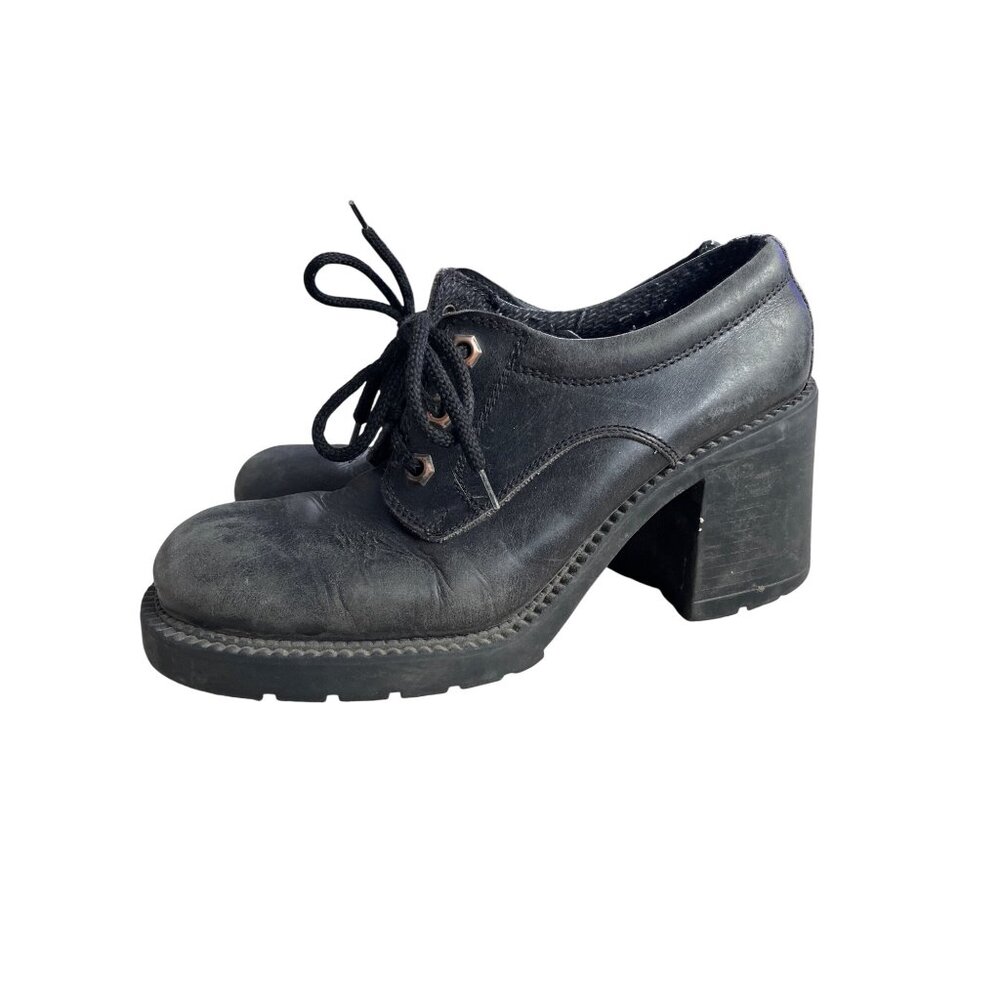9 & Co. Vintage Chunky Leather Mary Jane Heels Women's 7M Black Lace Up Bratz
